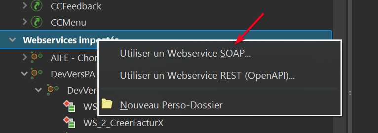 Menu Windev® — clic droit Utiliser un Webservice SOAP