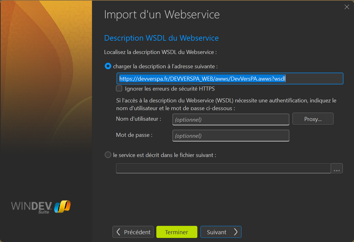 Assistant Windev® — saisie de l'URL WSDL DevVersPA